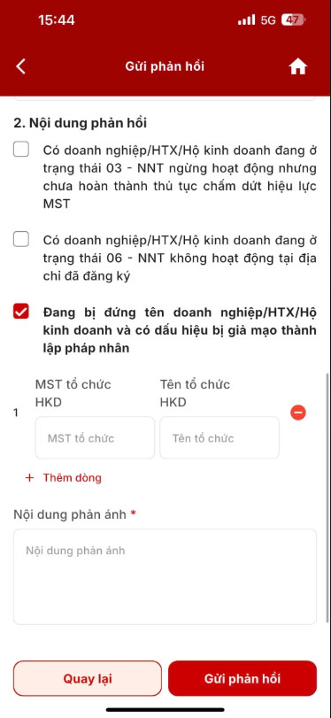 Bước 5 - Hướng dẫn phản ánh khi bị mạo danh đứng tên doanh nghiệp qua eTax Mobile